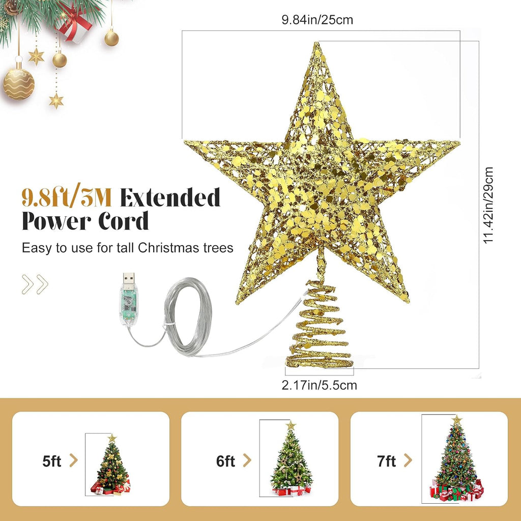 Christmas Star Tree Topper with Lights and Sequins, Gold