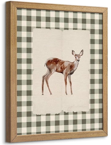 Wood Framed Deer Wall Art, Vintage Green Gingham Woodland Baby Deer Print on Canvas, Rustic Farmhouse Animal Poster