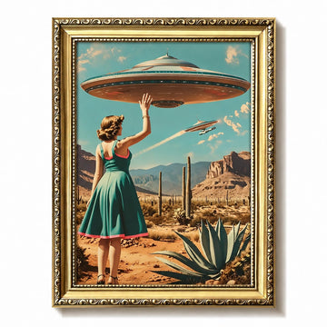 Gold Framed Vintage UFO Canvas Wall Art, Retro Alien Spaceship Woman Desert Wall Decor Painting, Southwestern Sci Fi