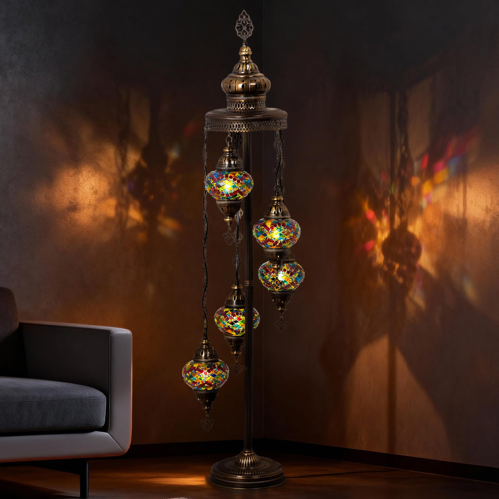 Turkish Mosaic Floor Lamp, 5 Globe, Rainbow