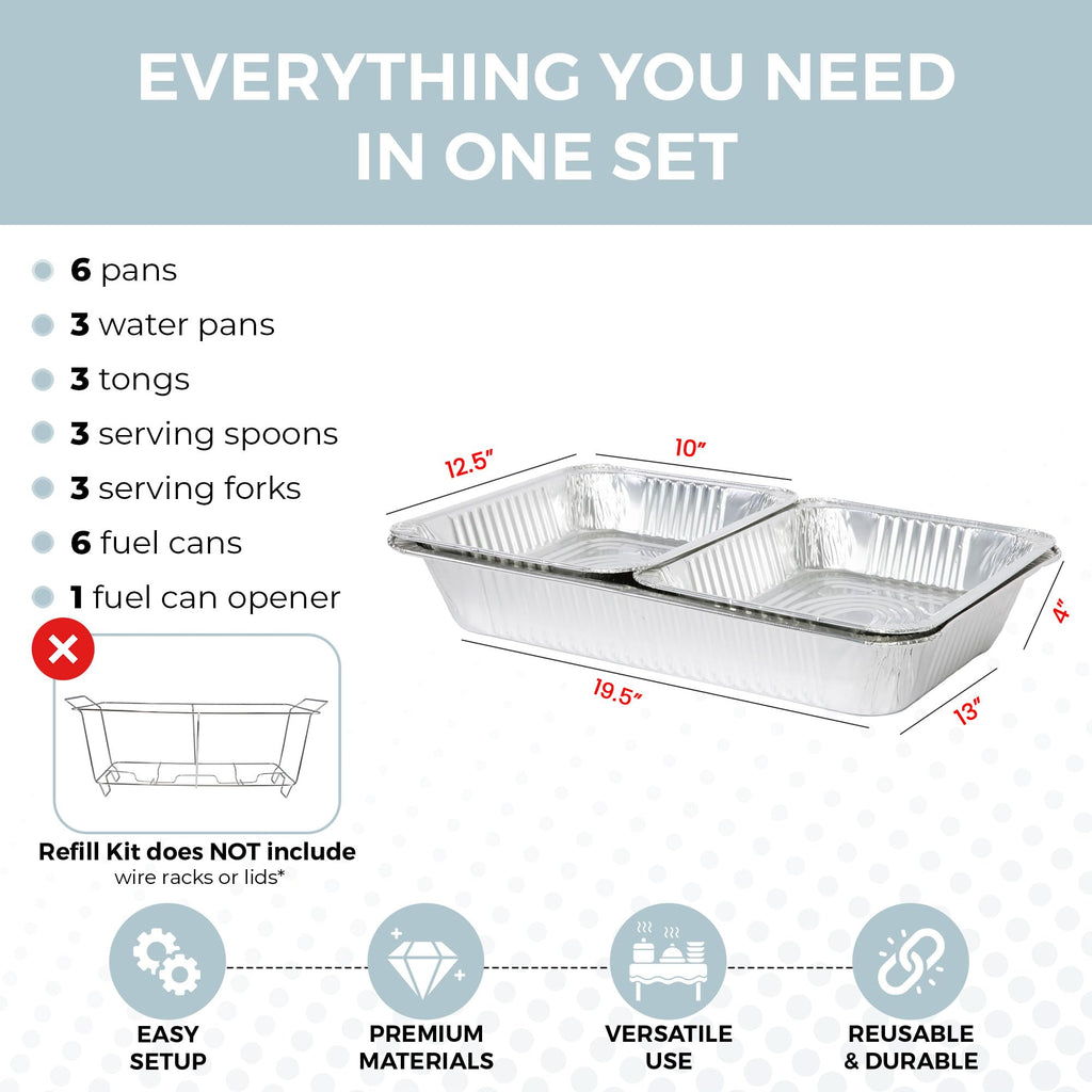 Large Full Size Refill Kit Disposable Chafing Buffet with - Utensils, Fuel Cans Only - Premium Chafing Dish Set for