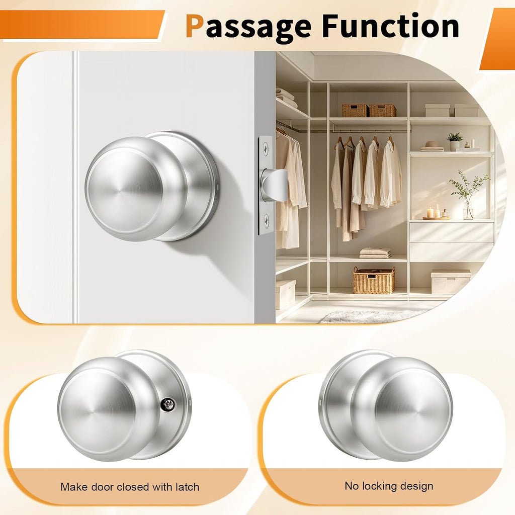 Brushed Nickel Door Knob, Passage Door Knobs for Closet and Hallway, Keyless Interior Door Knob, 6 Pack