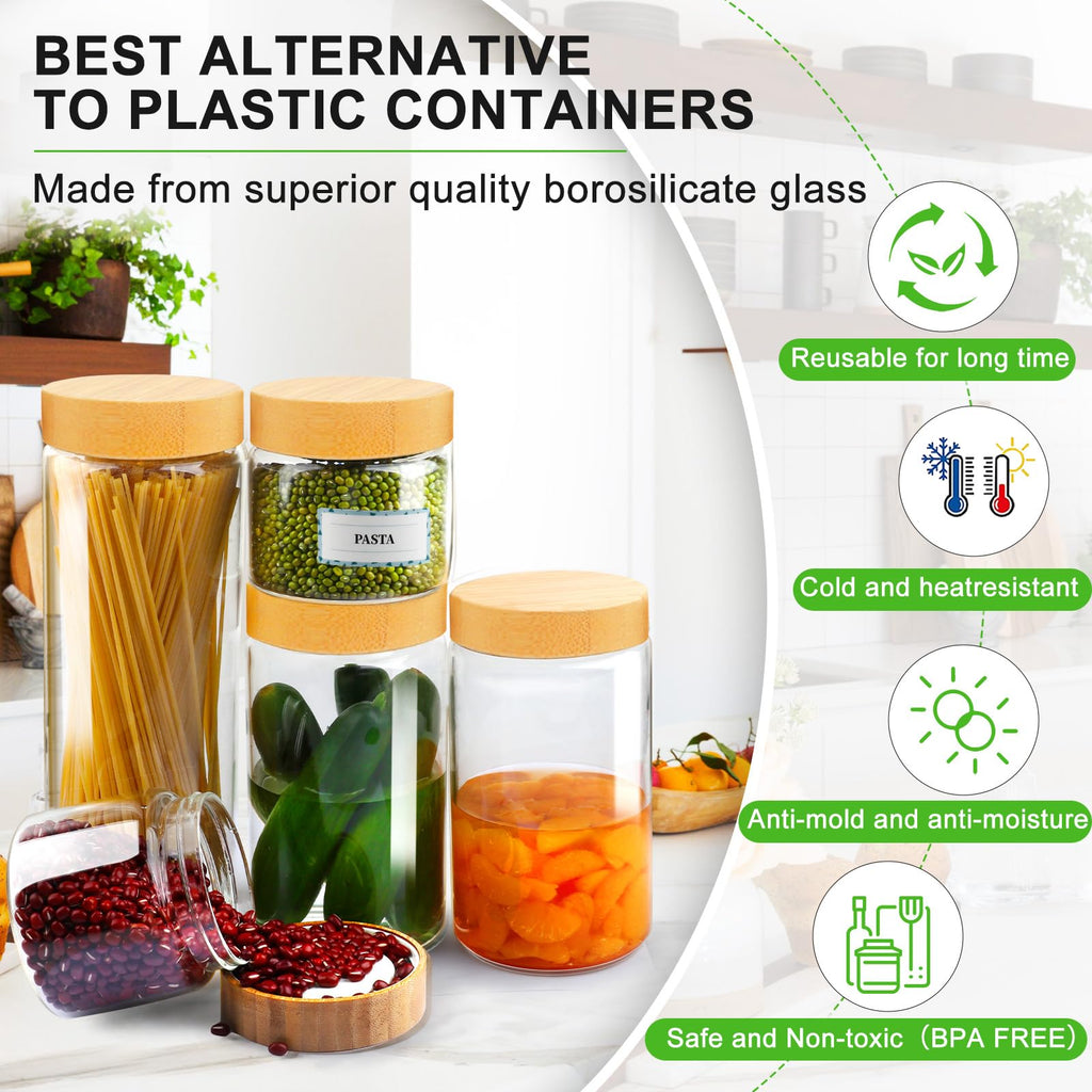 Airtight Glass Jar with Lid, Glass Storage Containers with Screw On Bamboo Lids, for Cookie, Pasta, Cereal Storage