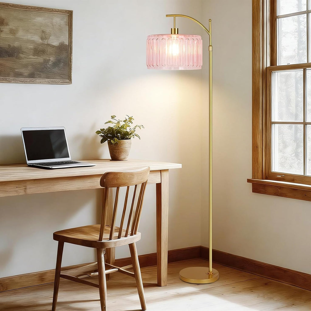 Pink Floor Lamp,Gold Dimmable Standing Lamp with Remote,Mid Century Modern Brass Tall Lamp Boho Floor Lamps Arc