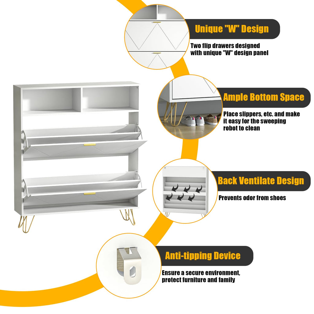 46'' Tall Shoe Cabinet with 2 Flip Drawers and Open Shelves, White丨Freestanding Shoe Organizer, Narrow Shoe Storage