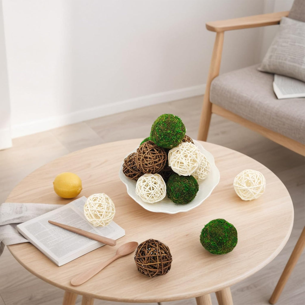 Decorative Balls for Vase Centerpiece Bowls Orbs Filler Table Decor, 2.4 in Wicker Rattan Balls and Moss Balls - Set of 15