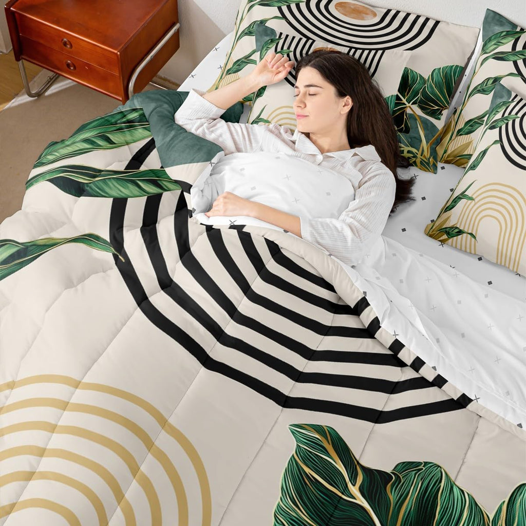 7 Pcs Mid Century Boho Comforter Set Queen Size Abstract Art Simple Bedding Sets, Minimalist Tropical Palm Leaves Bed