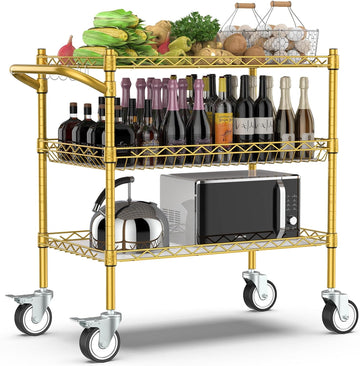 3 Tier Rolling Carts with Wheels, Heavy Duty Rolling Utility Cart | NSF Commercial Grade Metal Cart with Handle&Shelf