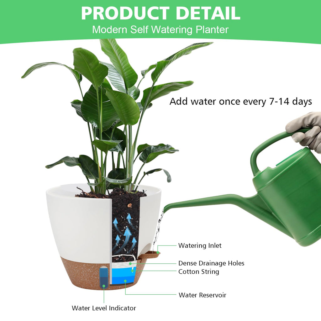 12" 10" 9" 8" Self Watering Pots with Water Level Indicator, Large Plastic Planters Set with Mesh Drainage Hole and