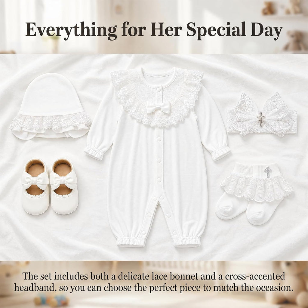 Baptism Baby Girl Outfits, White Christening Outfit Set Includes Bonnet,Headband, Shoes & Socks for Newborn Infant