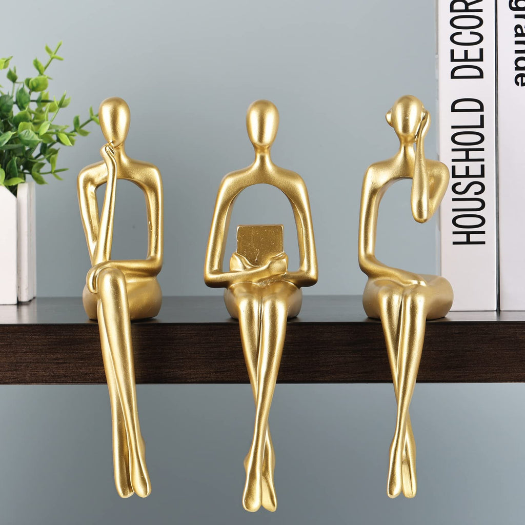 Resin Reading Sculpture Gold Decor Sitting Thinker Statue Abstract Sculptures, Bookshelf Decor Accents Resin Gold