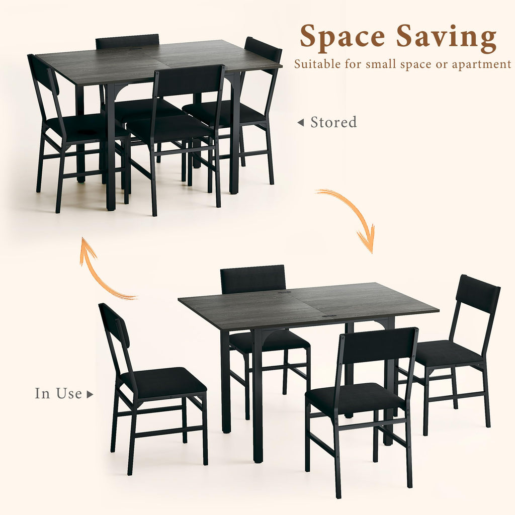 Dining Table Set for 4, Extendable Kitchen Table Cushion Chairs Set of 4, Rectangle Dining Table with Metal Frame &