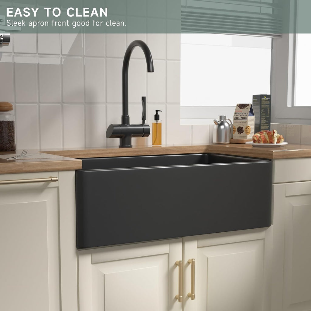 Matte Black Farmhouse Sink 33 Inch Fireclay Apron Front Kitchen Sink | 33"Wx18"Dx10"H Farm Sink Heavy Duty Fireclay