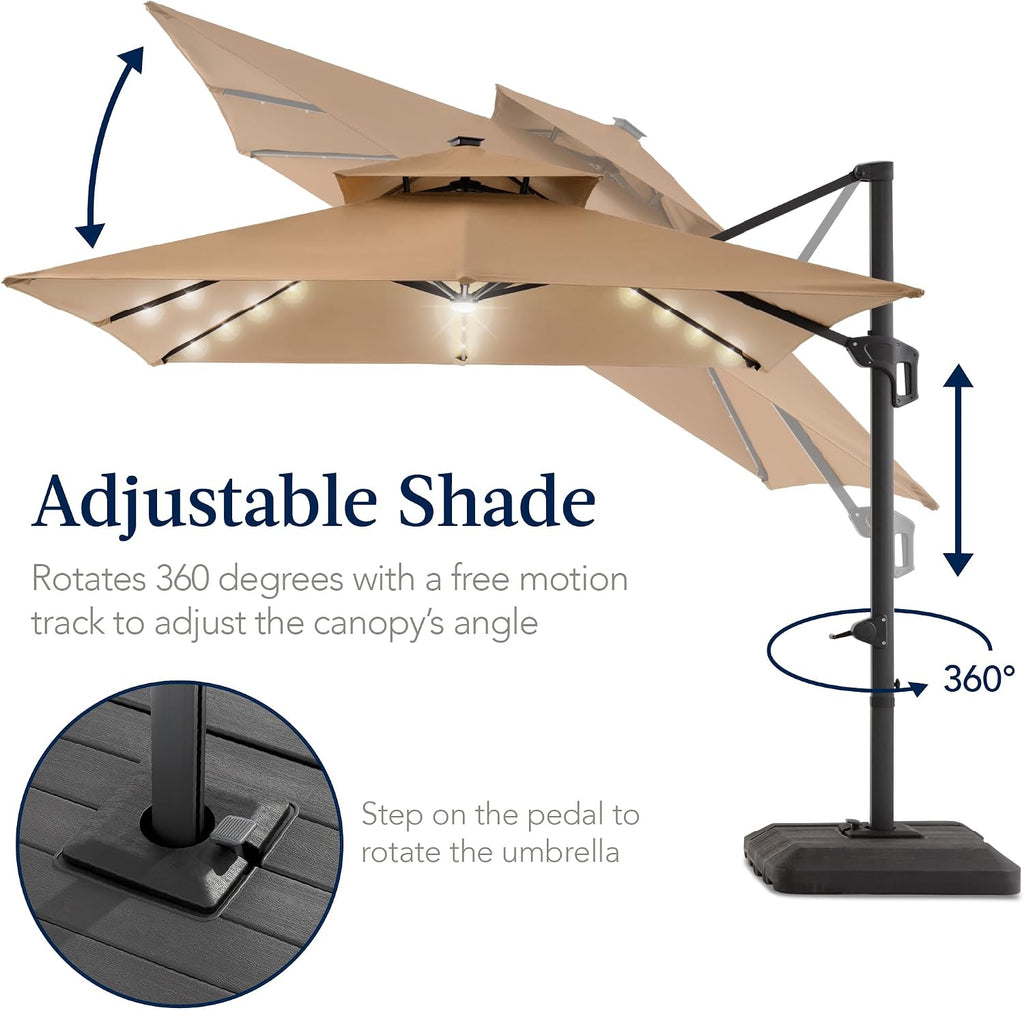 12x12ft LED Cantilever Patio Umbrella w/Base Included & 360° Rotation - Tan