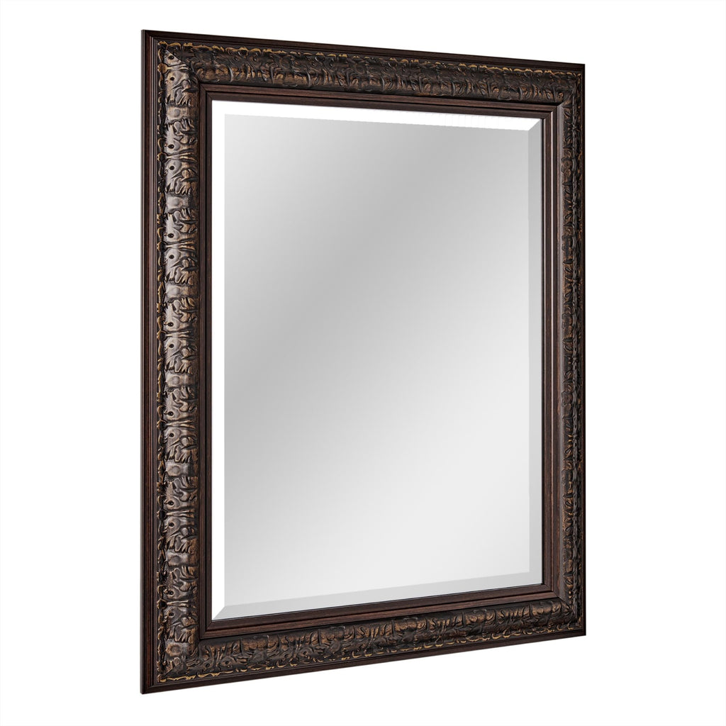 Bronze Ornate Embossed Framed Rectangle Mirror 28" x 34", Wall Mounted Beveled Accent Decorative Bathroom Mirrors for
