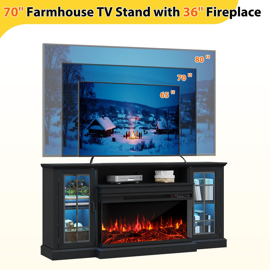 70 Inch Fireplace TV Stand for TVs up to 80", Rustic Media Entertainment Center Console Table with Glass Door Closed