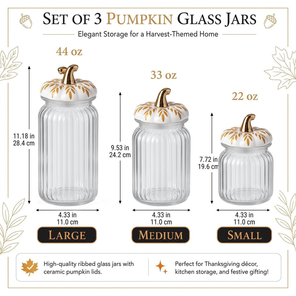 3 Set Fall Pumpkin Glass Jar with Pumpkin Airtight Ceramic Lid 44 oz 33 oz 22oz Clear Candy Jar Food Storage Canister