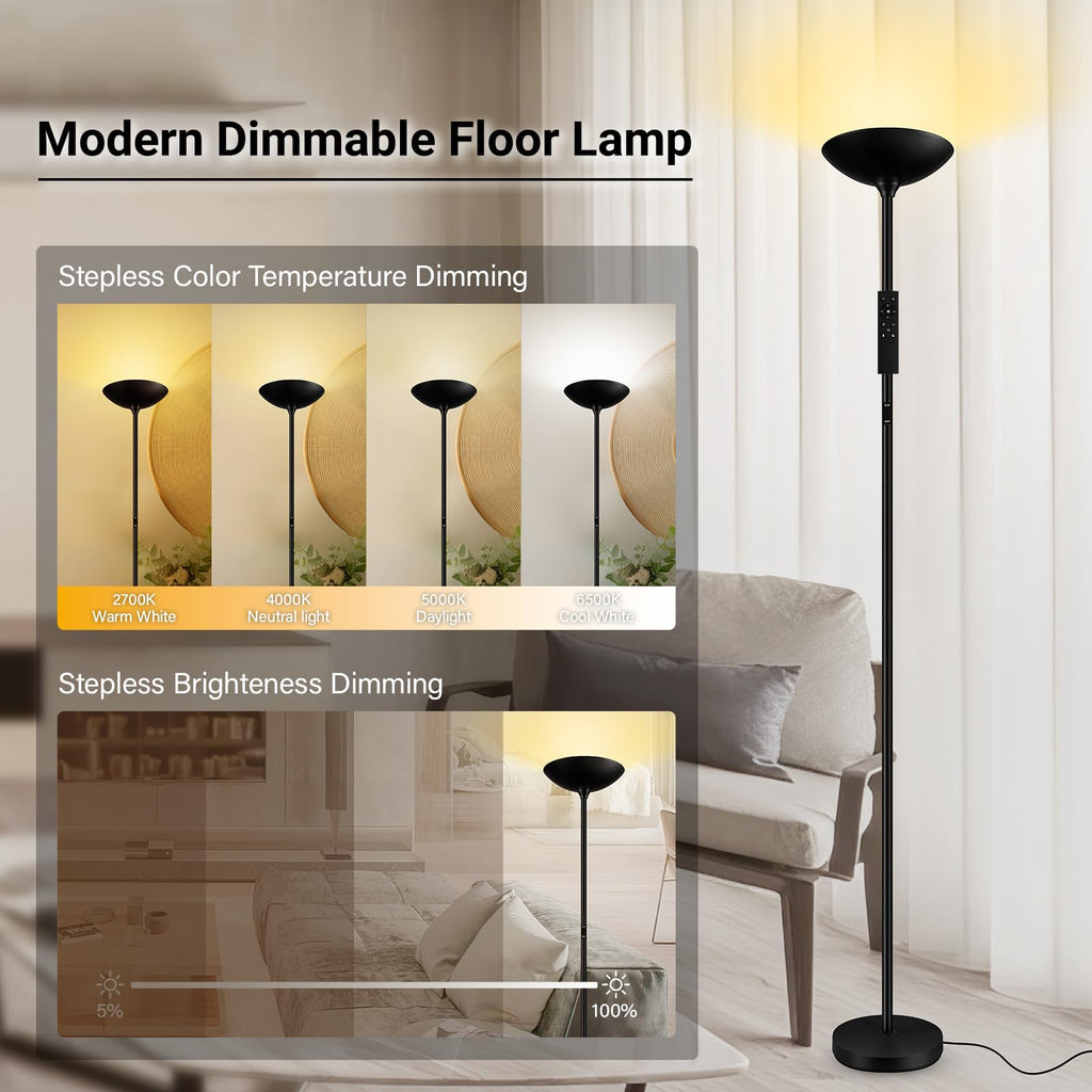 Dimmable Floor Lamp, Black, 30W LED Torchiere Standing Lamp