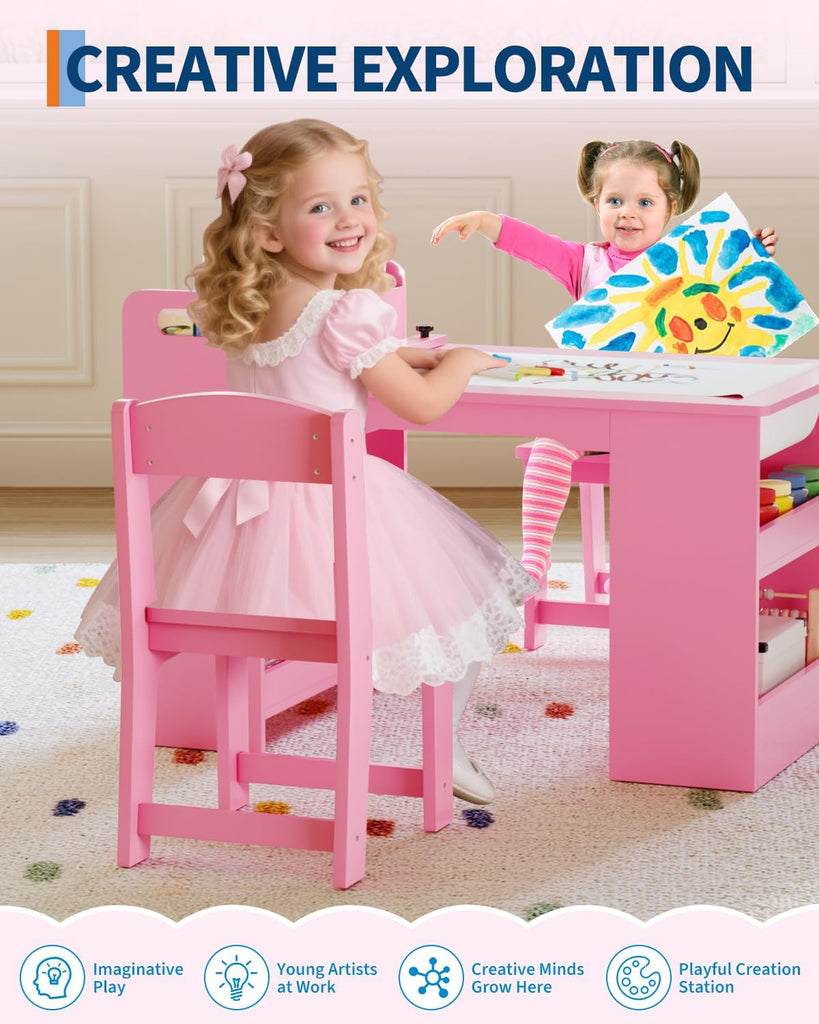 49'' Kids Art Table,Craft Desk with 2 Chairs & Storage Shelves