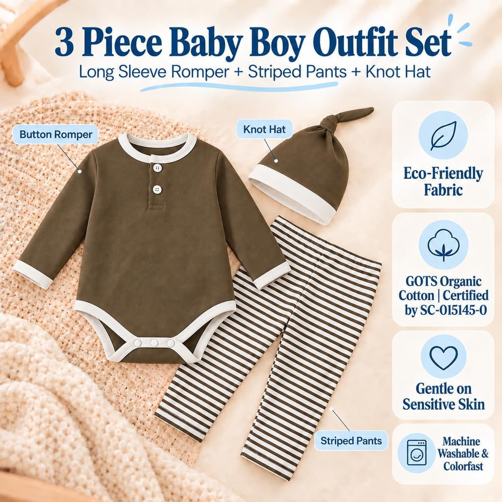 Organic Cotton Newborn Baby Boy Clothes 3PCS Romper Pants Hat Set