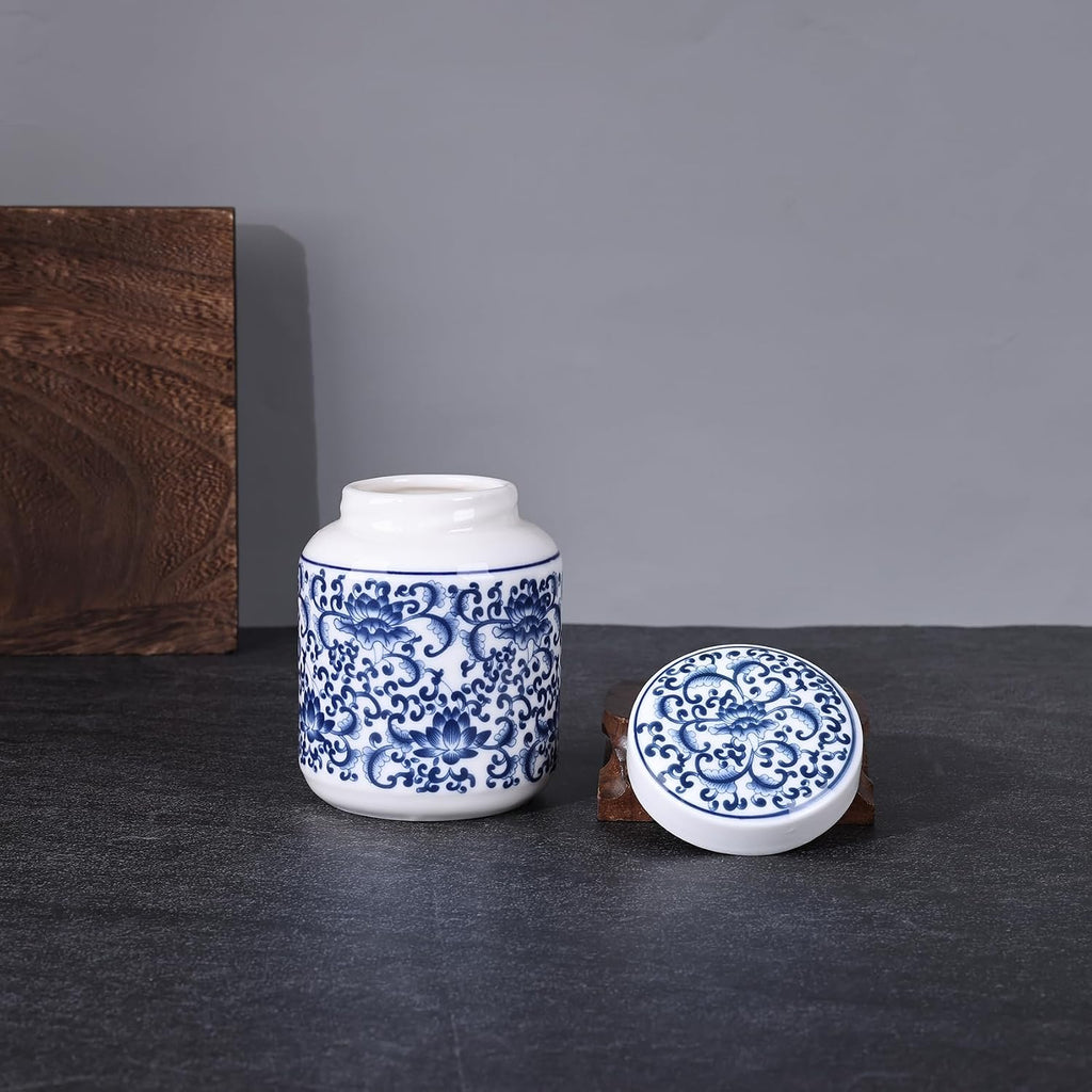 Chinoiserie Blue and White Porcelain Ginger Jar with Twist Lid-Versatile Ceramic with Five Unique Floral