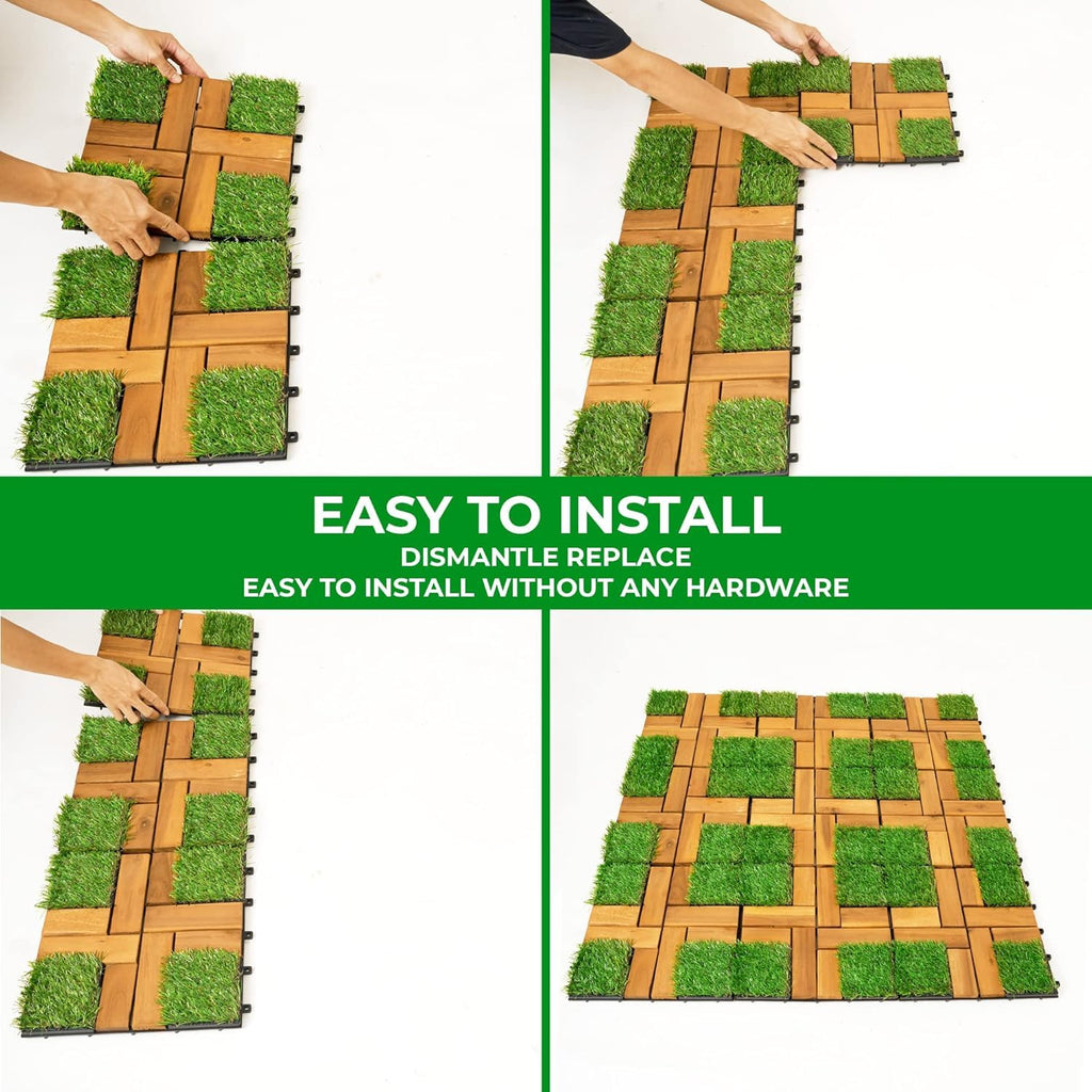 Interlocking Acacia Wood and Artificial Grass Deck Tiles, 12"x12", 0.94" Thick, Outdoor Patio Flooring for Garden