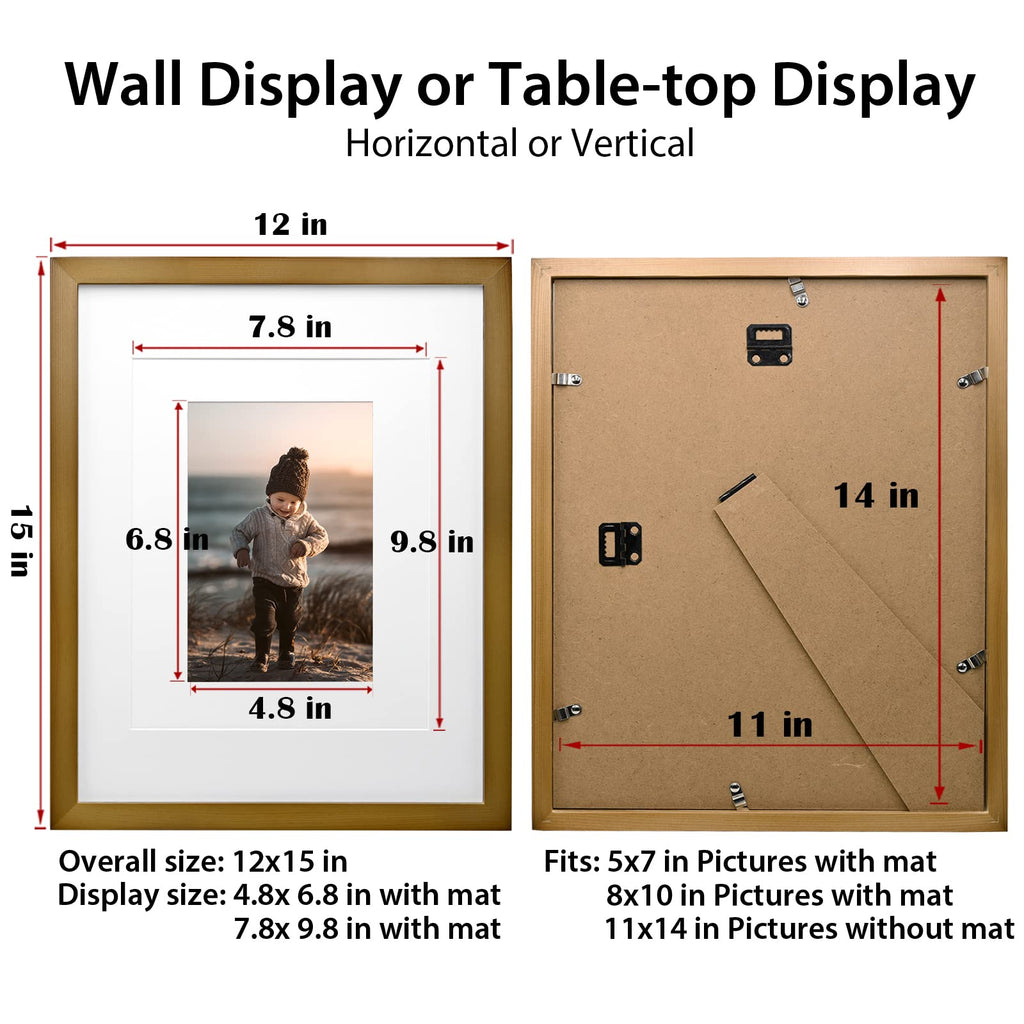 11x14 Picture Frame Brown, Solid Wood Frames with Acrylic Plexiglass for Pictures 5x7/8x10 with Mat or 11x14 without