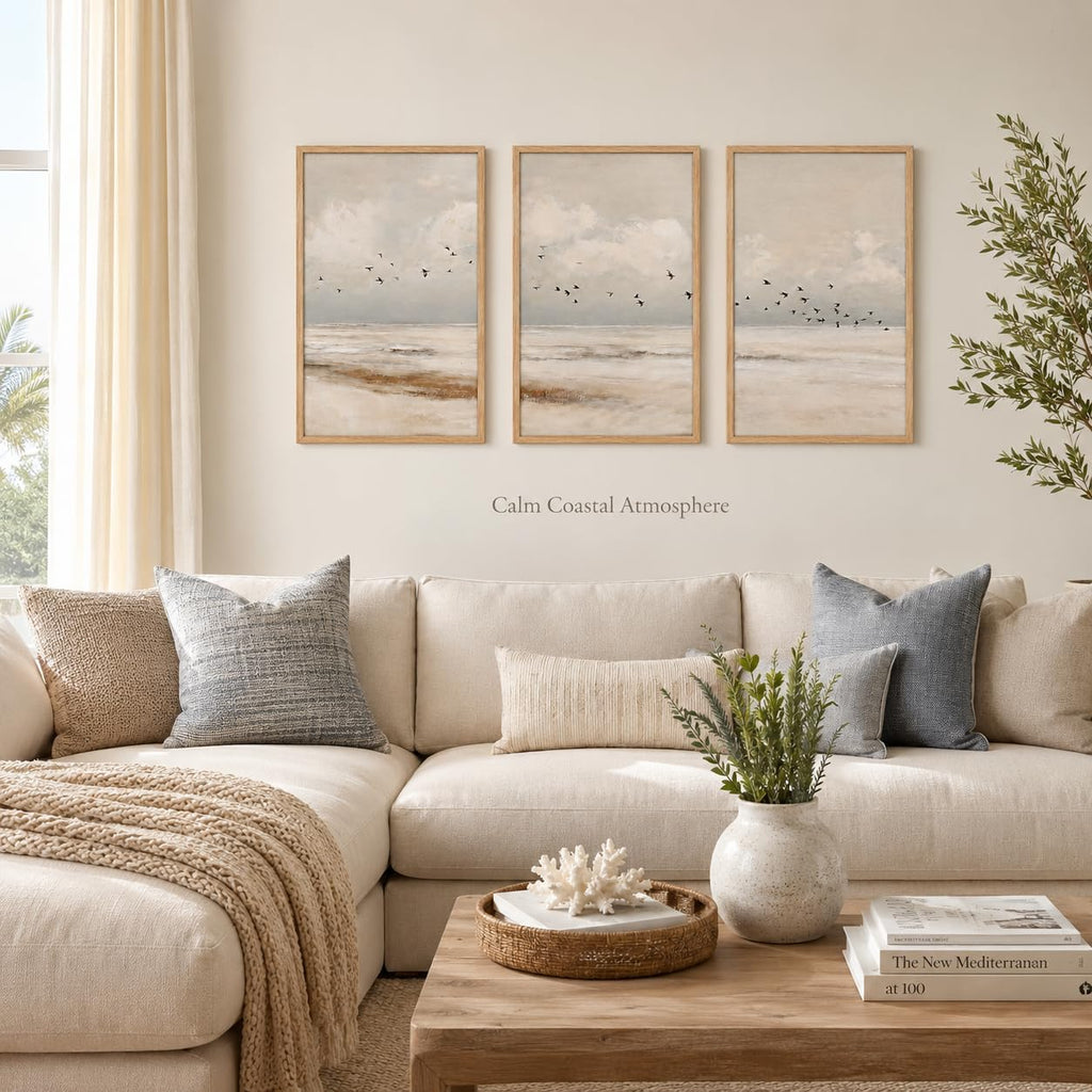 Framed Coastal Canvas Wall Art Seascape 24x16 Inch Set of 3 Triptych