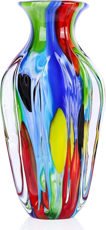 14" H Hand Blown Art Glass Vase, Multicolor Decorative Flower Vase with Wide Mouth Opening, Heavy Artistic Glass