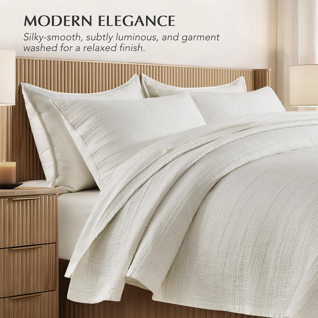 Channel Stitch 100% Cotton Quilt Set Queen, Pre-Washed Cotton Sateen Coverlet Bedspread, 3-Piece Soft & Breathable