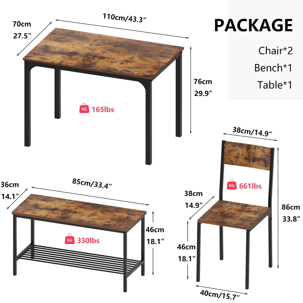 Dining Table Set, Two Chairs and One Bench 4 Pieces Set Wooden Table Top with Metal Legs for Breakfast Room, Dining