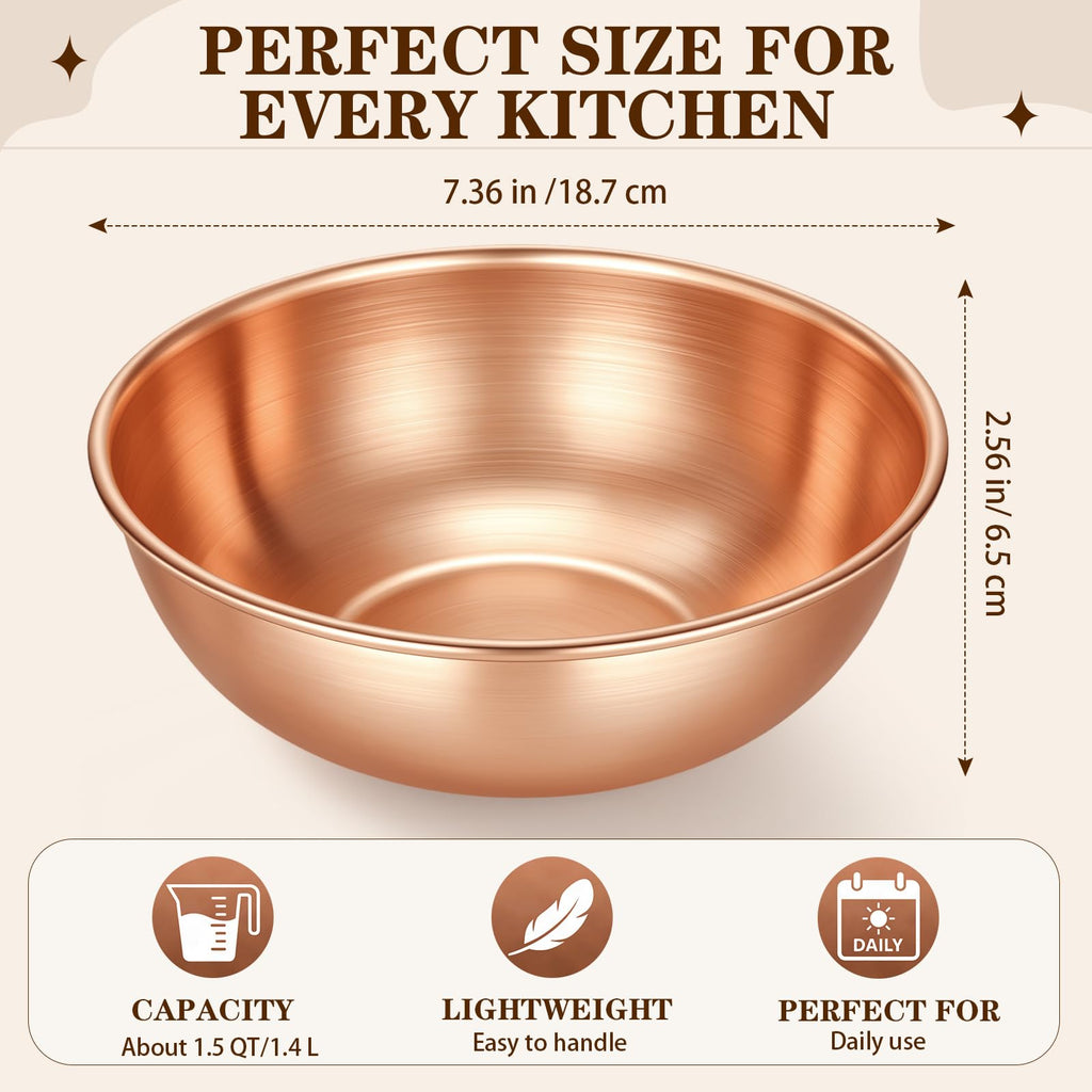 7.36 Inch Pure Copper Mixing Bowl 1.5 Qt Salad Bowl Hand Wash Only, Classic