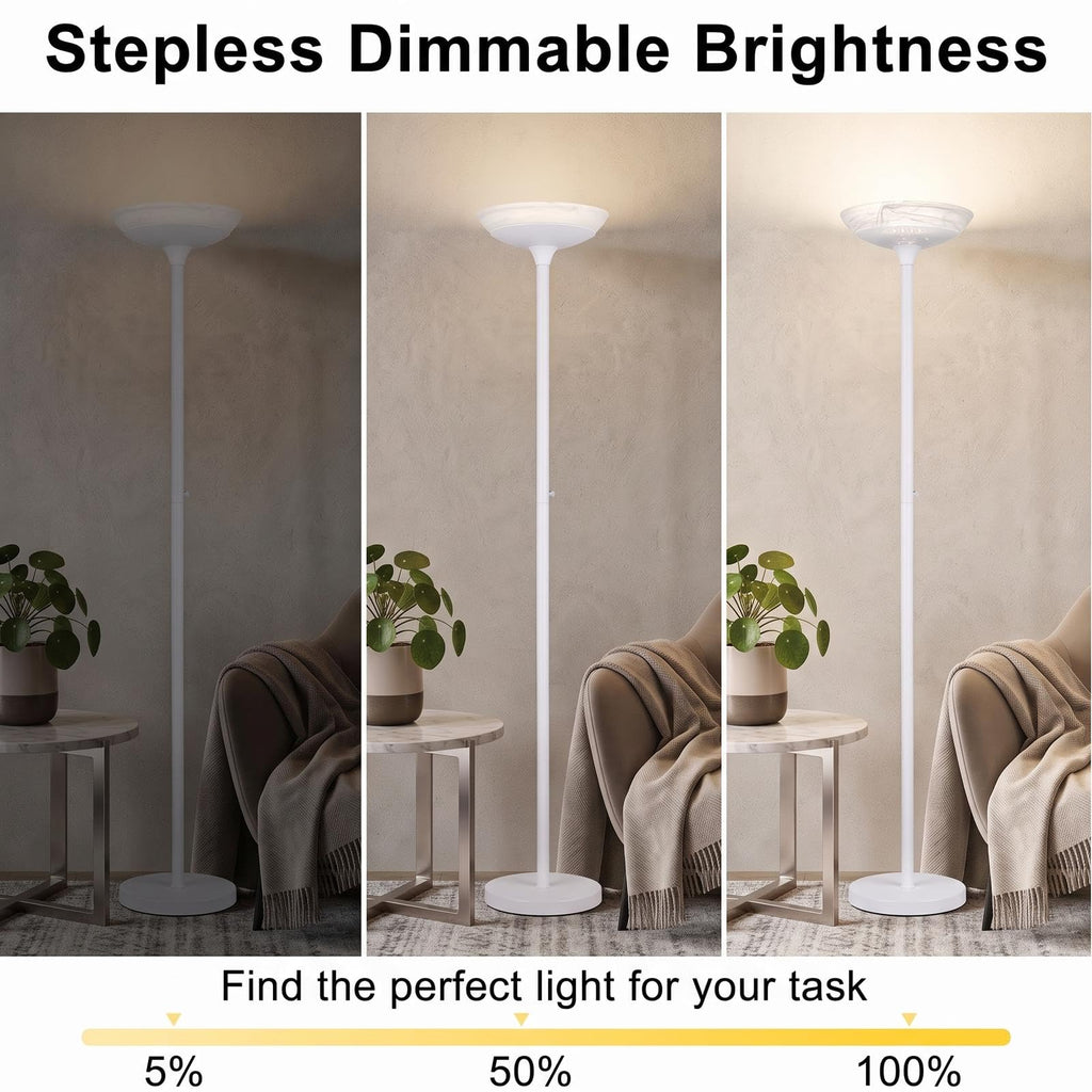 Torchiere Floor Lamp, 30W Super Bright LED Standing Lamp, Stepless Dimmable Pole Lamp with 3000K Lighting, Glass