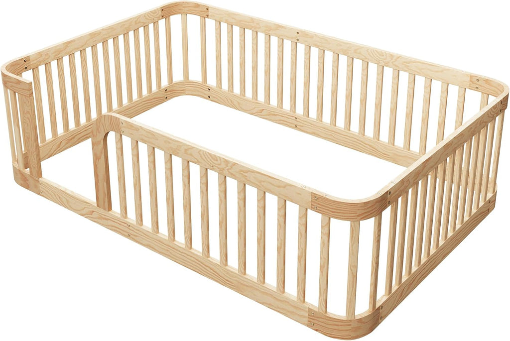 Full Size Montessori Floor Bed with 24" High Fence & Rounded Corners Design, Sturdy Wood Montessori Bed Frame, No