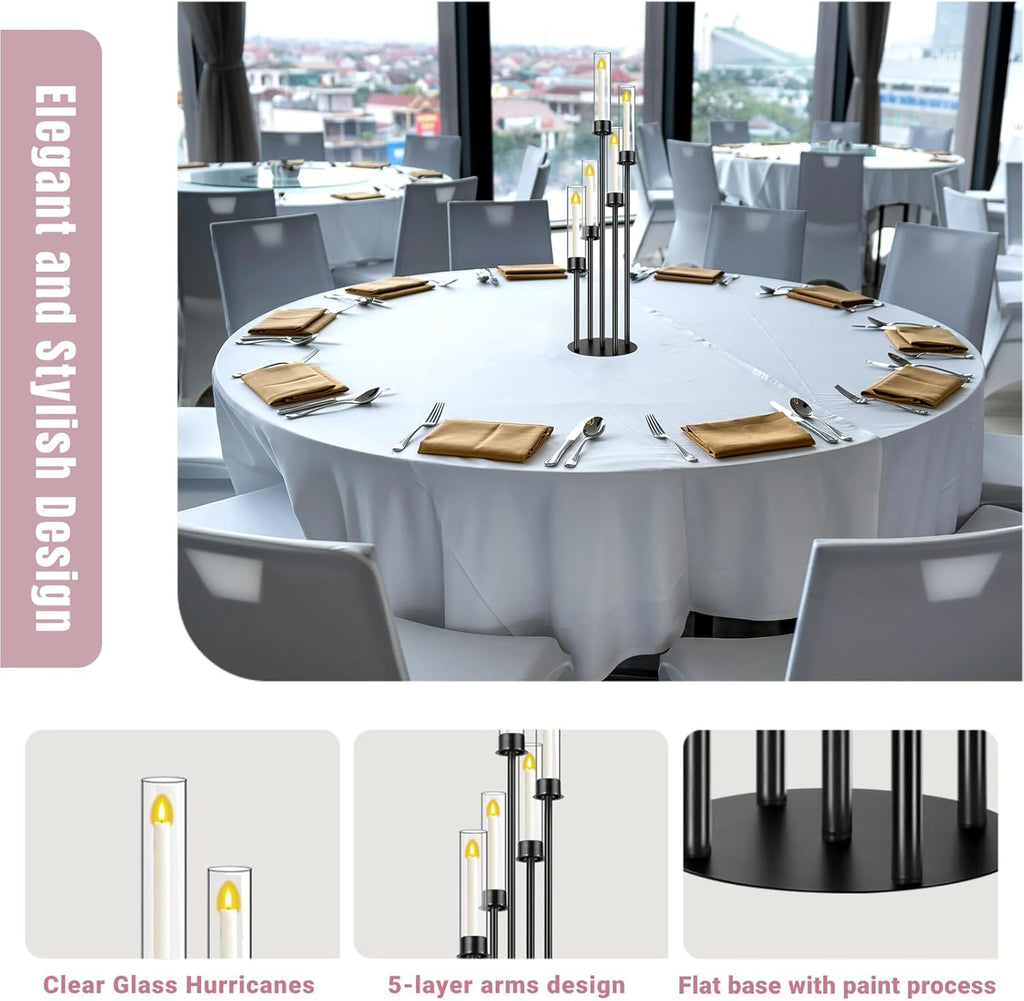 Black Candelabra with Glass Cylinders for Real Candles 5 Head Metal Candle Holder Wedding Centerpiece Ceremony