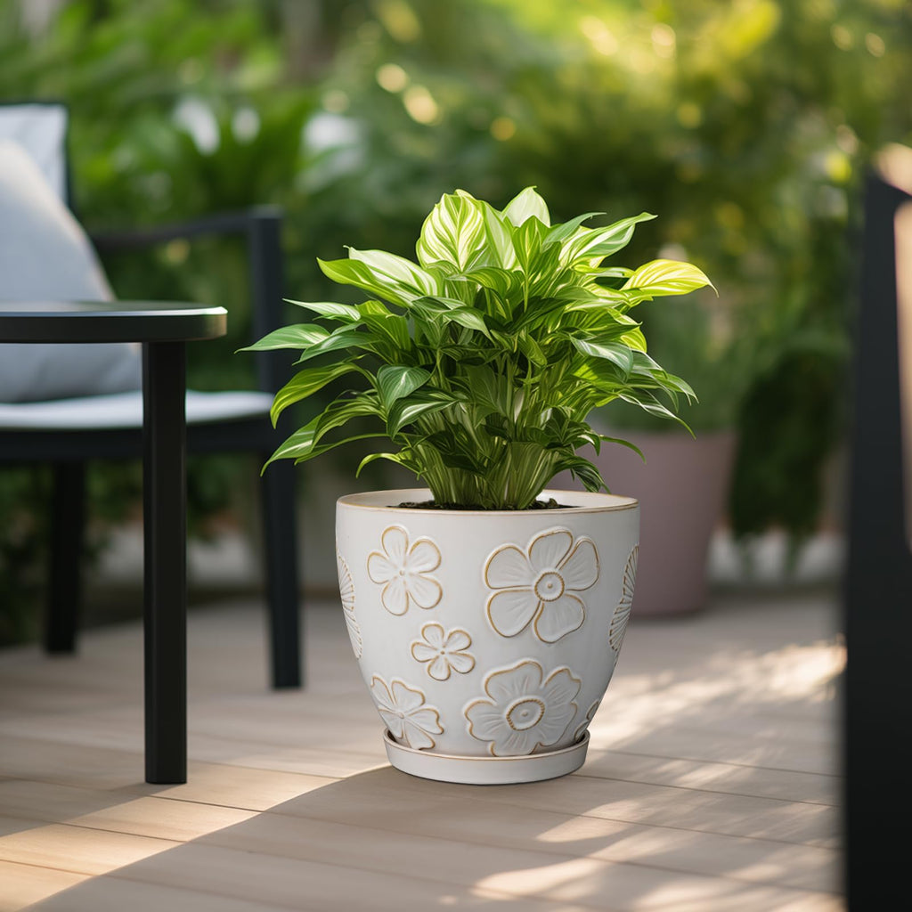 10 Inch Ceramic Planter Pot, Large Petal White