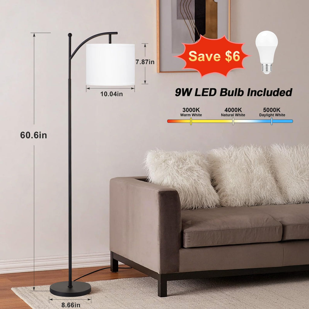 60" Floor Lamp with 3 Color Temperatures, Adjustable White Shade, Black Pole - Tall Lamp, Classroom, Dorm - 9W Bulb
