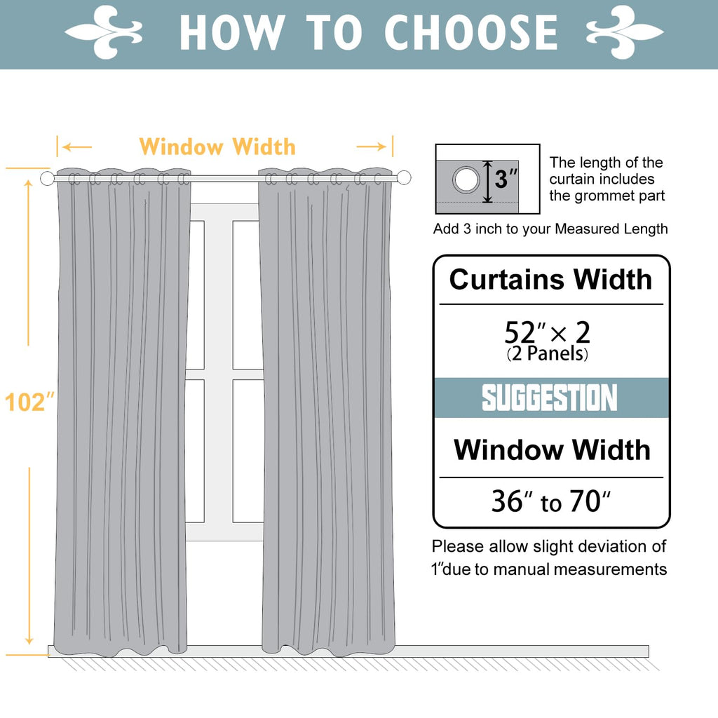100% Blackout Curtains 102 Inches Long 2 Panels Set