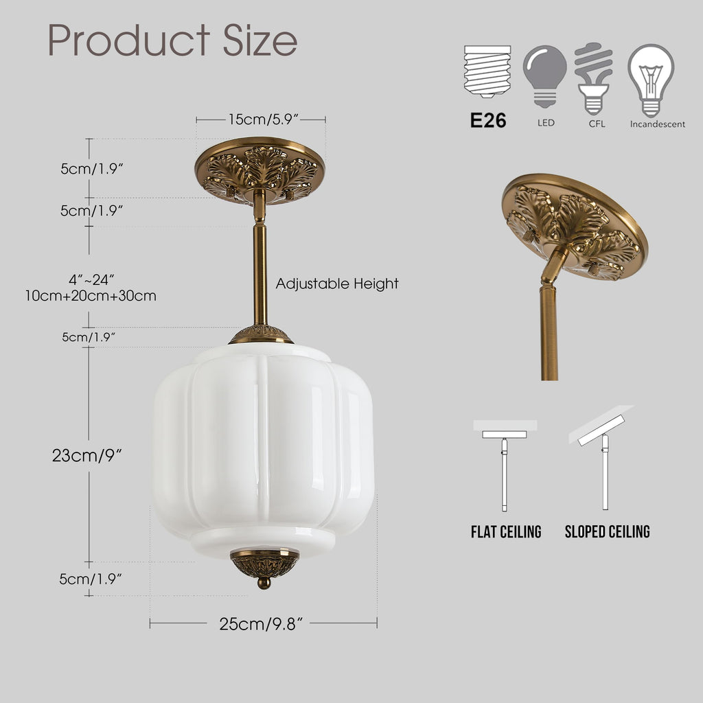 Milk Glass Ceiling Light Fixture, 9.8" Vintage Semi Flush Mount Pendant Light with Antique Brass Finish, Schoolhouse
