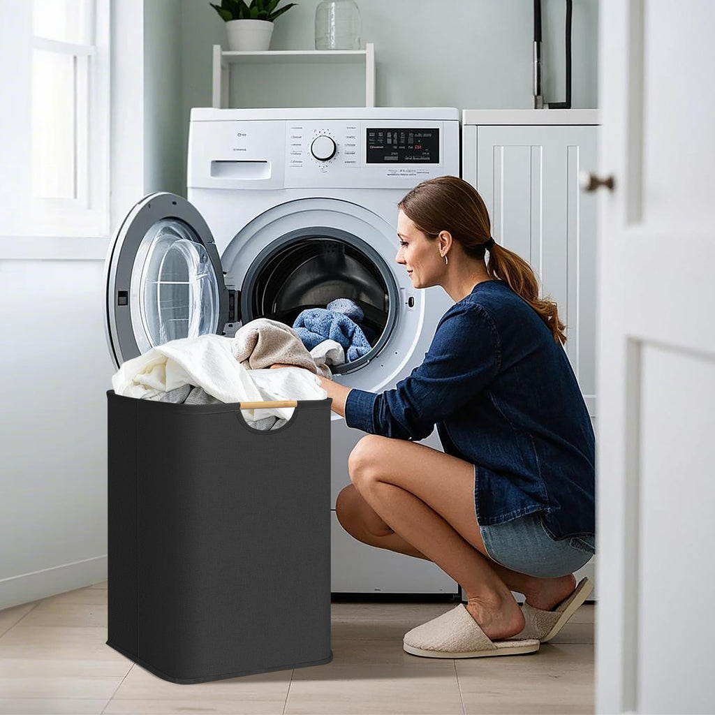 2-Pack Collapsible Laundry Hamper with Bamboo Handles, Black