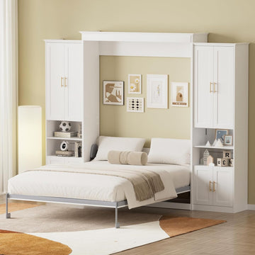 Queen Murphy Bed with 6 Adjustable Shelves & Storage Cabinets, Foldable Space-Saving Queen Wood Wall Bedframe with