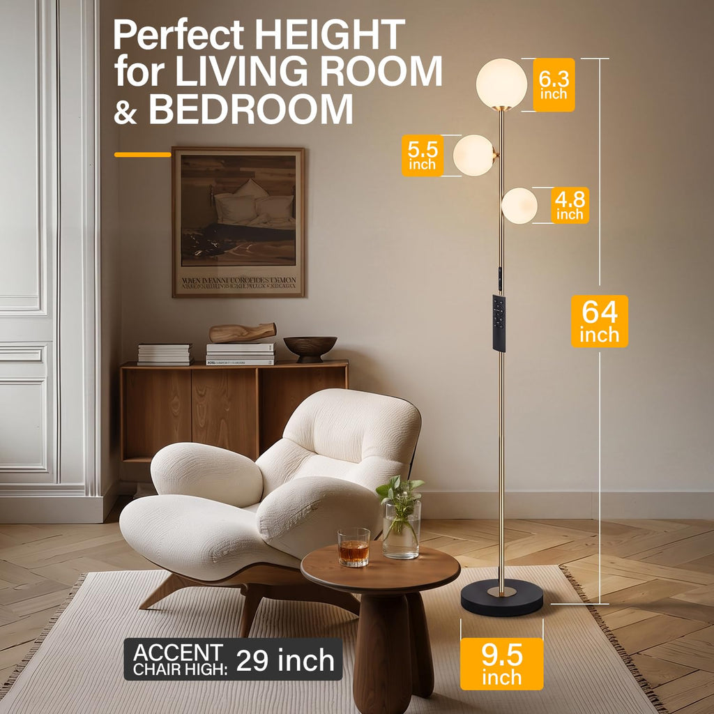 3 Globe Floor Lamp - Mid Century Modern Standing Light with 3 Color Temperatures, LED Frosted Glass Shades (Gold)