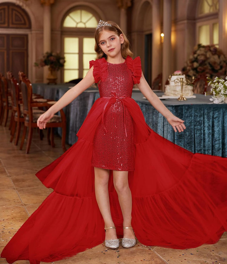 Girls Sequin Formal Pageant Fancy Party Ruffle Prom Maxi Dress