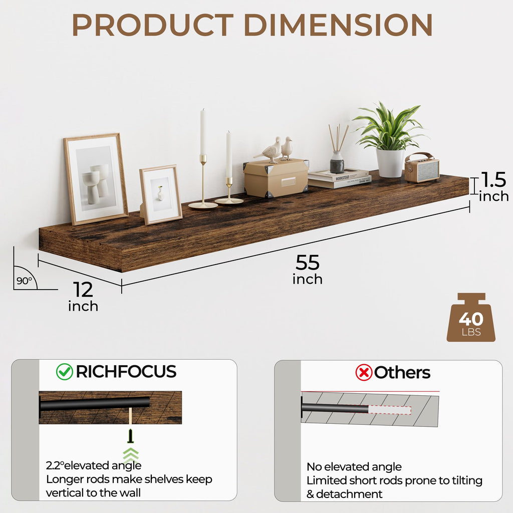 Long Floating Shelves for Wall 2Pack|Rustic Brown|55" Lx12 D