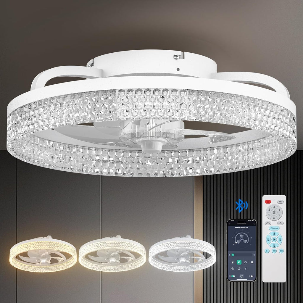 Modern Ceiling Fans with Lights and Remote, Flush Mount, 20 Inch Bladeless Ceiling Fan with Light, Low Profile Ceiling Fan, Reversible, 3CCT, Dimmable, Quiet, Ceiling Fans for Bedroom, White A101-B0DNB15FVY