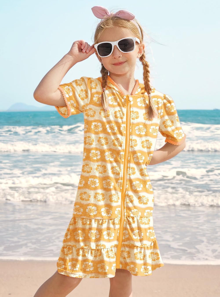Girls Summer Beach Quick Dry Cover Up Ruffle Hem Terry Smocked Hooded with Pockets