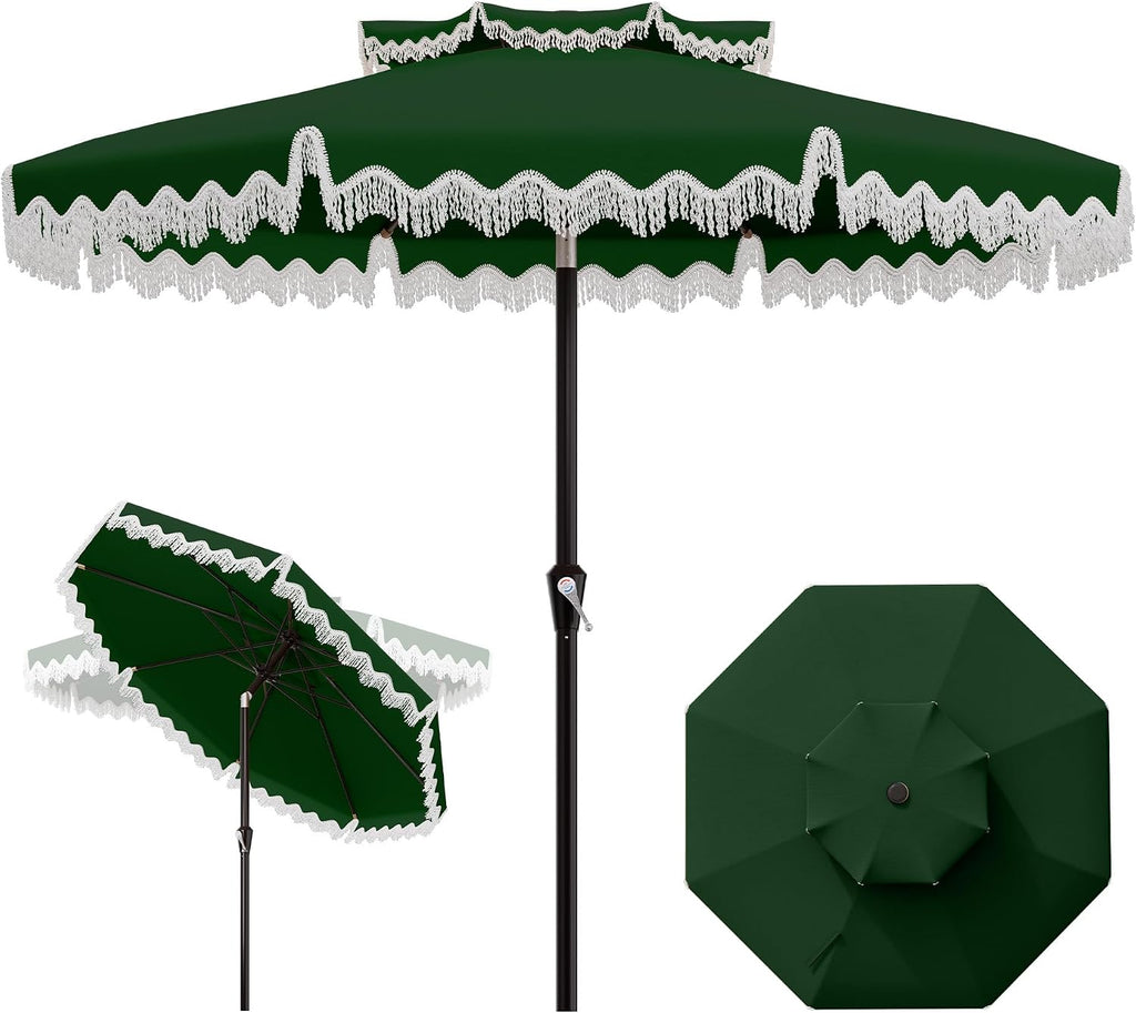 9ft Patio Umbrella with Fringe Tassels, Wind-Resistant Fiberglass Ribs - Dark Green