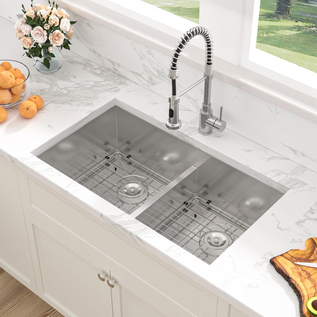 33 Undermount Kitchen Sink Double Bowl - 33x19 Kitchen Sink Low Divide Undermount Stainless Steel 16 Gauge Round
