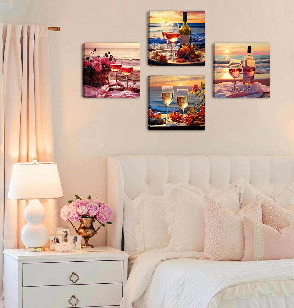 Kitchen Wall Art Wine Glass Canvas Prints 12"X12"X4 Panels