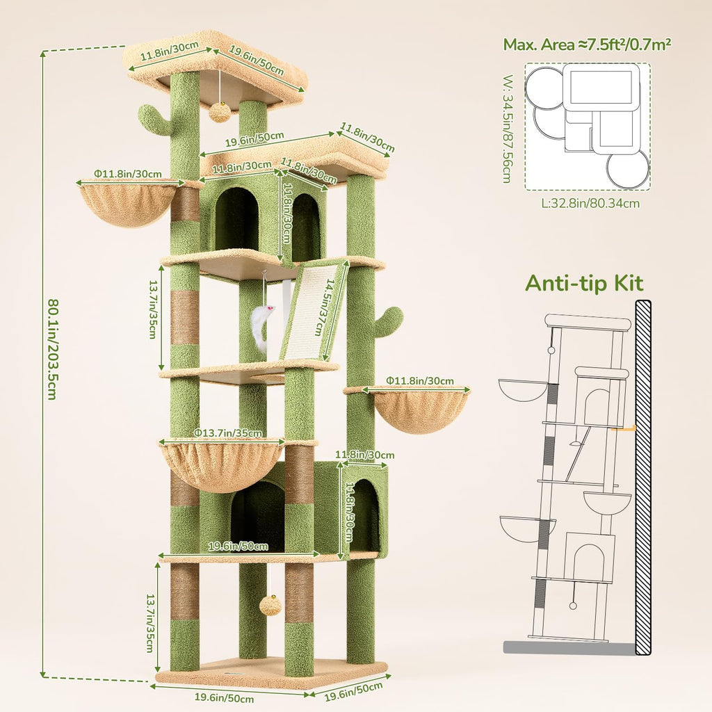 80in Extra Large Cactus Corner Cat Tree Tower, Green